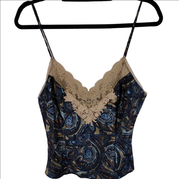 Victoria's Secret Tops - Victoria's Secret Blue Paisley Pattern Tan Lace Trim Adjustable Strap Cami Top